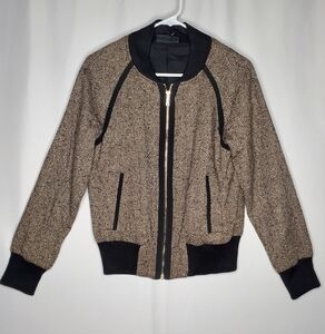 DKNY‎ Tweed Bomber Jacket XS Pocket Zip Black Brown Chevron Textured Banded Hem